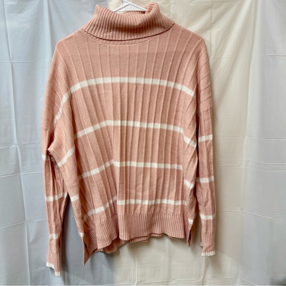 Calvin Klein Blush Pink Y2K Preppy Pastel Striped Turtleneck Ribbed Sweater Sz M